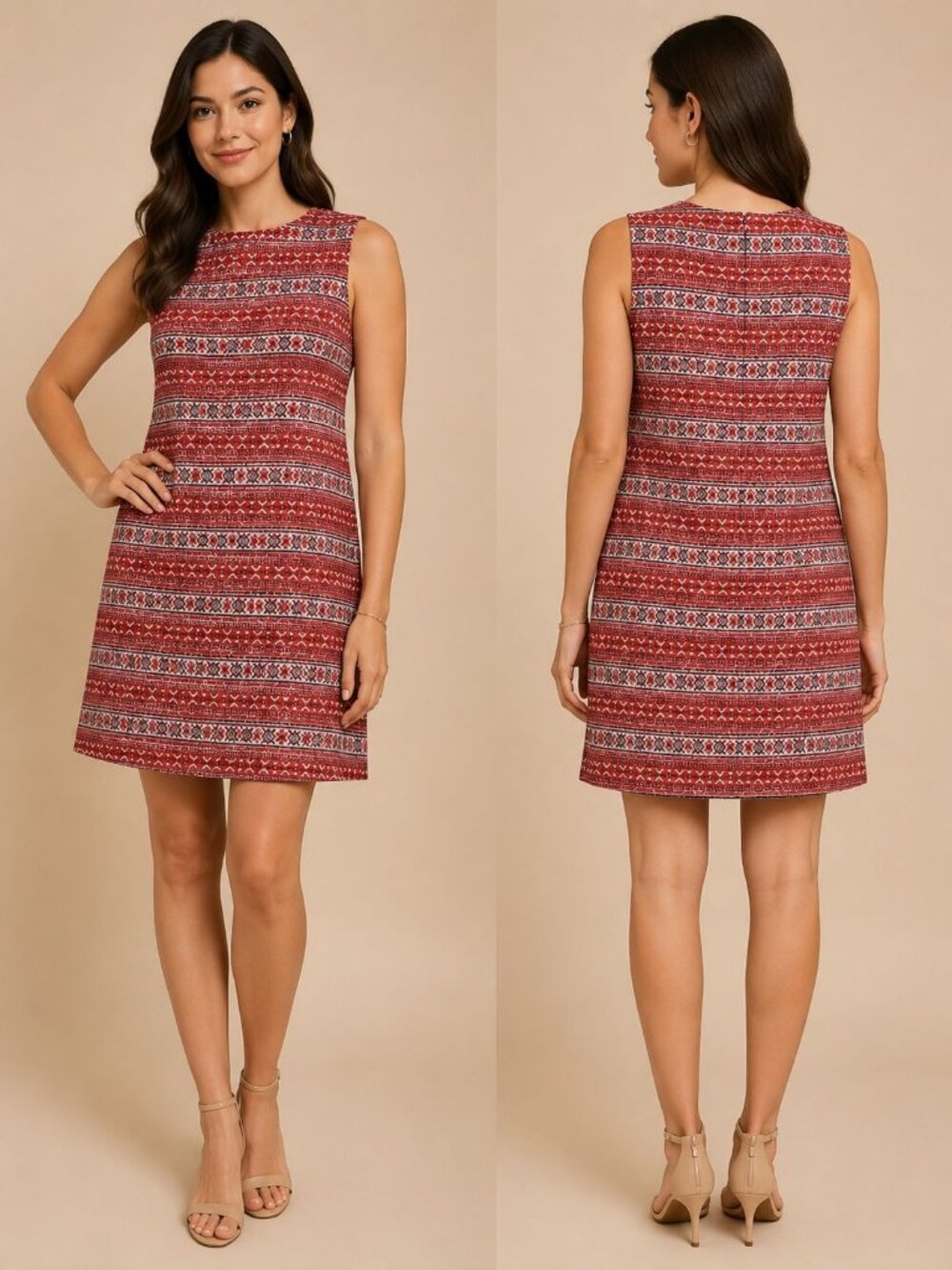 Nardis Of Dallas Vtg Red Sleeveless Shift Dress W/Geometric Pattern Small